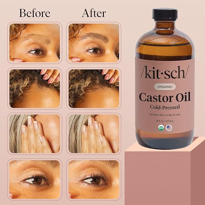 Kitsch Organic Castor Oil for Hair Growth - 100% Pure Castor Oil, Organic Cold Pressed Unrefined Glass Bottle for Face, Skin, Lashes, Brows, Scalp, Nails & Belly Button - Hexane Free, USDA - 16 oz