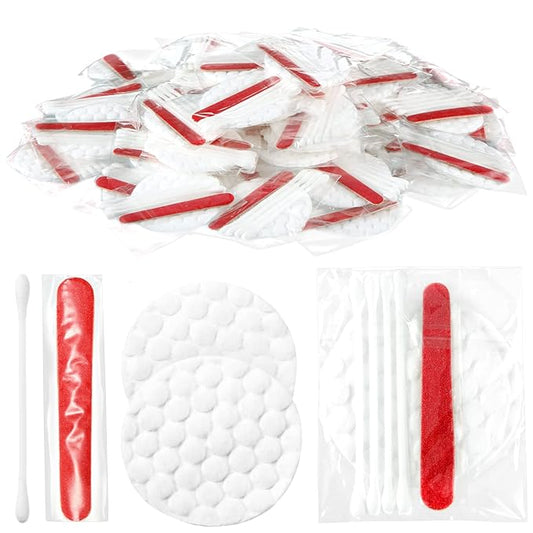 Tondiamo 100 Pieces Hotel Vanity Kit Individually Wrapped Hotel Amenities Disposable Travel Size Hospitality Supplies, Each Includes 2 Cotton Pads 4 travel qtips Nail File for Motels Makeup Toiletry