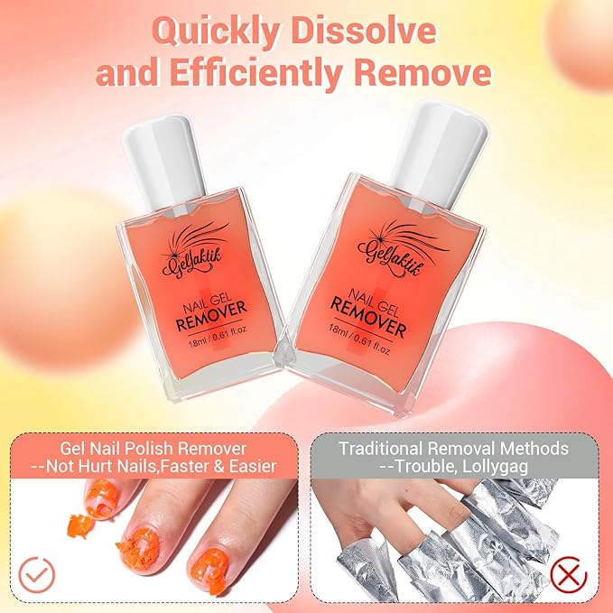 Gel Nail Polish Remover, 2 Pack × 15ml acetone-free Formula Remove Gel Polish for Nails, Quick & Easy Remove in 3-5 Minutes, NO Need Soaking or Foil Wrapping for Nails