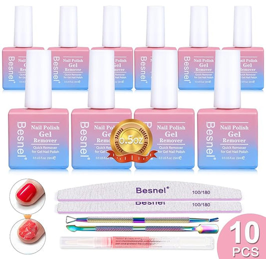 Gel Nail Polish Remover 10 Pack Professional Gel Polish Remover Non-Irritating Quick Easy, Nail Polish Gel Remover Tools Kit Nail File Cuticle Pusher File Grit, No Need For Foil Soaking Or Wrapping