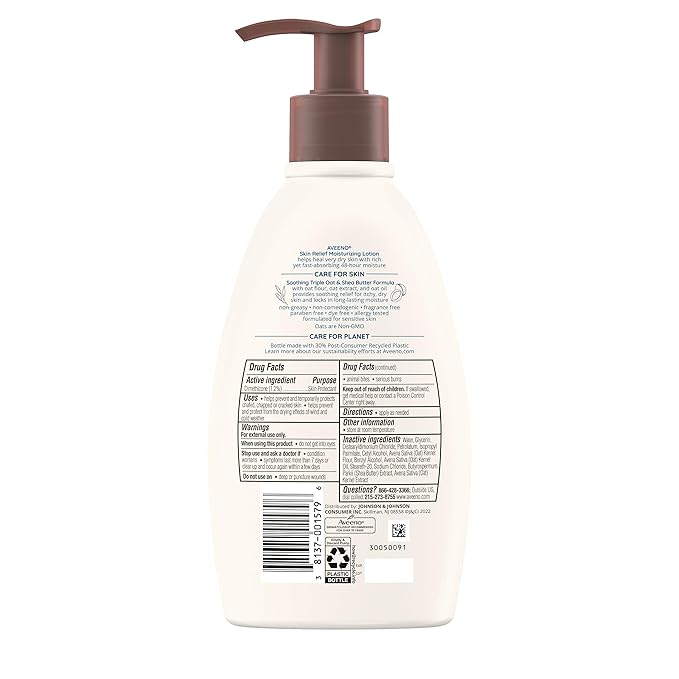 Aveeno Skin Relief 24-Hour Moisturizing Lotion for Sensitive Skin with Natural Shea Butter & Triple Oat Complex, Unscented Therapeutic Lotion for Extra Dry, Itchy Skin, 12 fl. oz