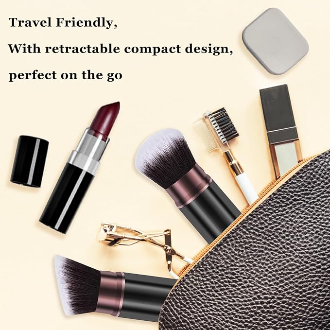 Retractable Makeup Brush, Travel Kabuki Powder Makeup Brush 2 Pack, Foundation Face Blush Brushes for Blending Liquid, Blush, Bronzer, Buffing, Sunscreen,Flawless Cosmetics