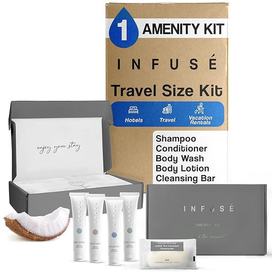 Infuse Amenity Kit | Hotel Bulk Toiletries | 1 oz Shampoo, Conditioner, Lotion, Body Wash, Cleansing Bar Soap for Guest Hospitality Vacation Rentals | 1 Set/Case