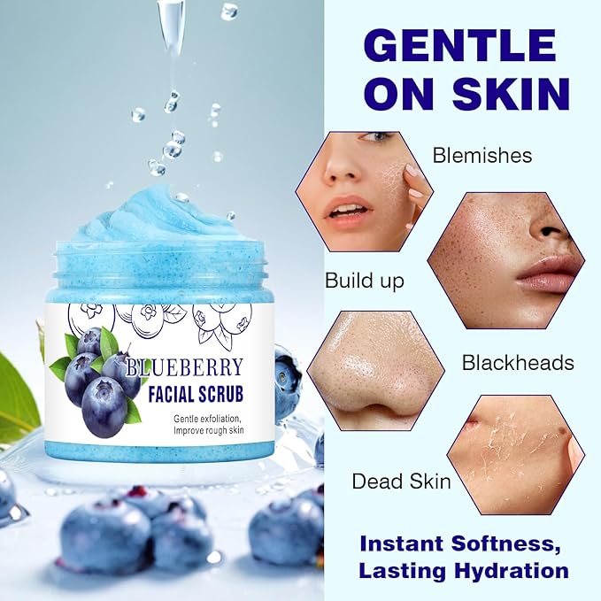 Facial Scrub, Blueberry Facial Scrub & Face Exfoliator, Facial Exfoliating Scrub Anti Aging, Oil Control, Deeping Cleansing Face Wash Cleanser Facial Scrubs for Women