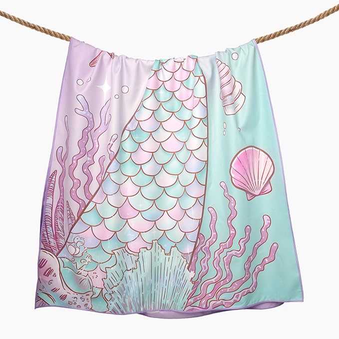 Eunzel 2 Pack Microfiber Kids Beach Towel, Quick Dry Towels for Girls & Boys Sand Free Travel Towel for Beach, Camping, Swim Pool 60"x30"，Mermaid Tail& Mermaid