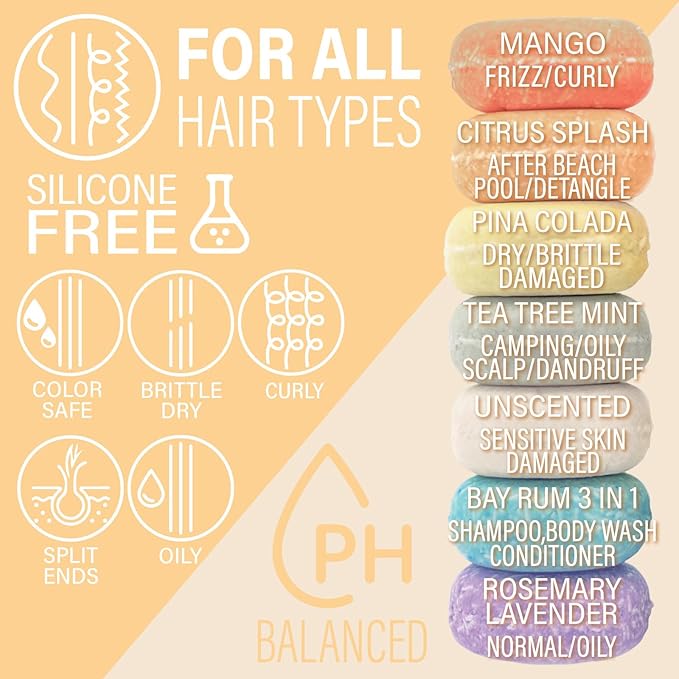 Citrus Splash Shampoo Bars for all Hair Types is Vegan, Sulfate Free and Made in the USA. This beach shampoo bar has a swim detangler and is great as a travel shampoo. Get up to 60 washes.