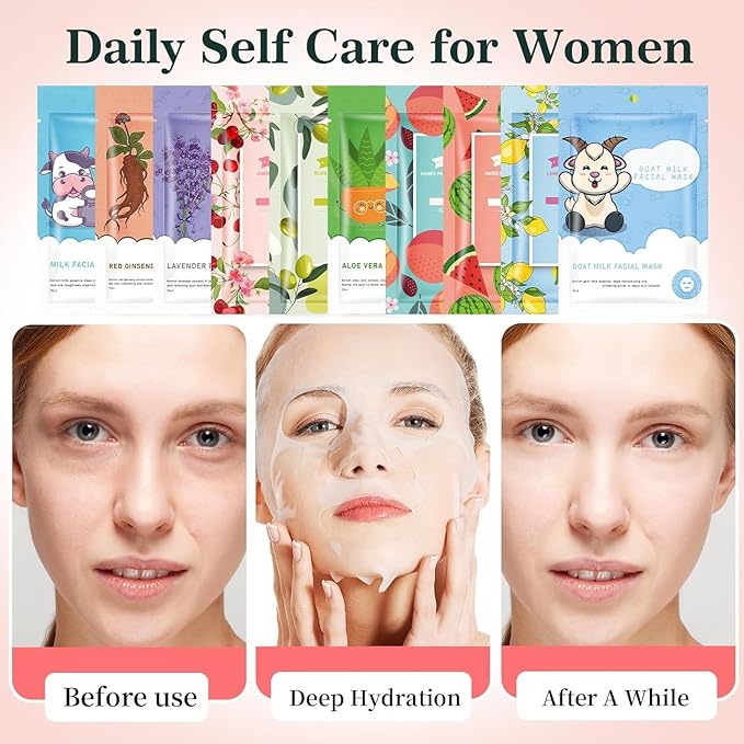 10 Sheets Face Masks Skincare for All Skin Types, Hydrating Face Masks Suitable for Sensitive Skin,Watermelon, Aloe Vera, milk, Goat, Peach, Bulk Facial Masks for Women
