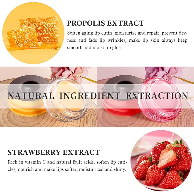 2 PCS Bee Honey Lip Balm Honey Pot, Strawberry & Bee Honey Lip Mask, Reduces Lip Lines, Hydrate & Moisturizing Lip Skin Care, Prevention Dry Cracked Lips, Bee Honey Lip Balm for Lip Repair Treatment