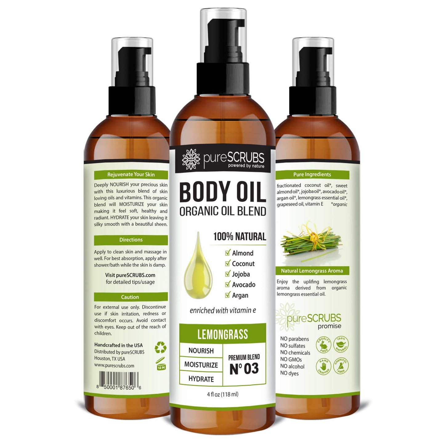 pureSCRUBS Ultra Moisturizing Lemongrass Body Oil Spray for Dry Skin, Massage, & More, Organic Super Blend of Jojoba, Argan, Coconut, Sweet Almond & Avocado Oils Enriched with Vitamin E, Lg 4oz