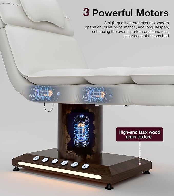 VARONXE Fully Electric Massage Table w/3 Motors, Professional Angle and Height Adjustable Spa Bed Facial Chair, Motorized Esthetician Bed Treatment Table for Beauty Salon, Stool Included, White