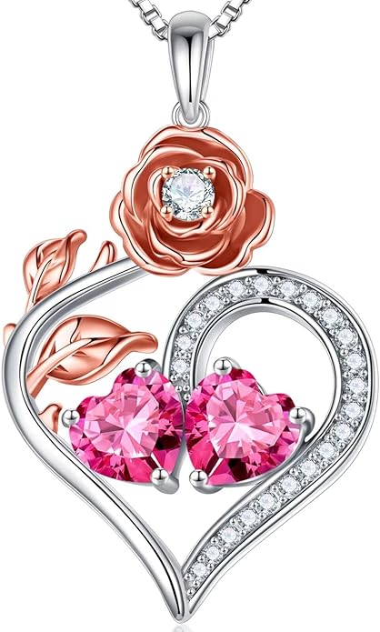 Iefil Rose Heart Birthstone Necklaces for Women - 925 Sterling Silver Double Birthstone Necklace, Anniversary Birthday Gifts for Women, Jewelry Gifts for Wife Her