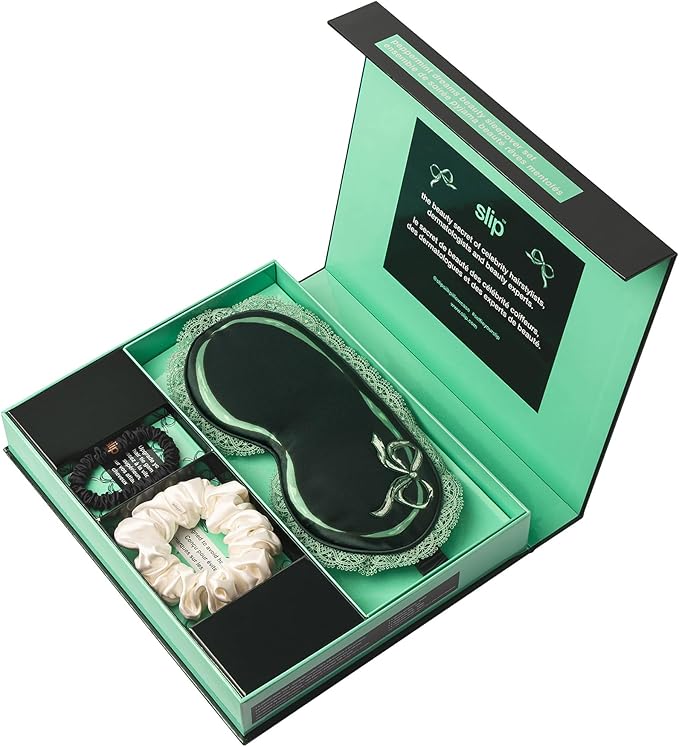 slip Peppermint Dreams Beauty Sleepover Set – Evergreen Contour Sleep Mask with Lace Trim, White Large Silk Scrunchie & Black Skinny Scrunchie – Limited Edition Gift Set