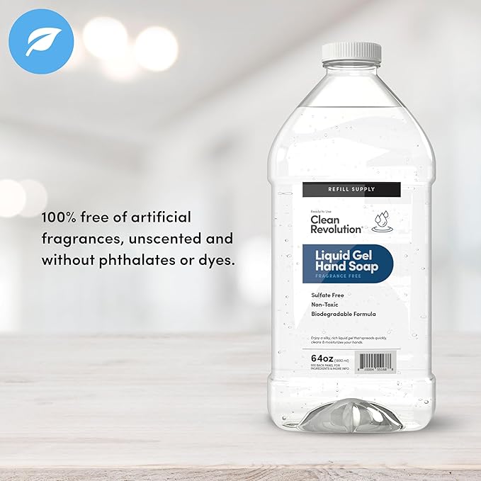 Clean Revolution Liquid Gel Hand Soap, Silky Rich Liquid, Quick Lather, Fast Rinsing (Fragrance Free) 64 Fl Oz