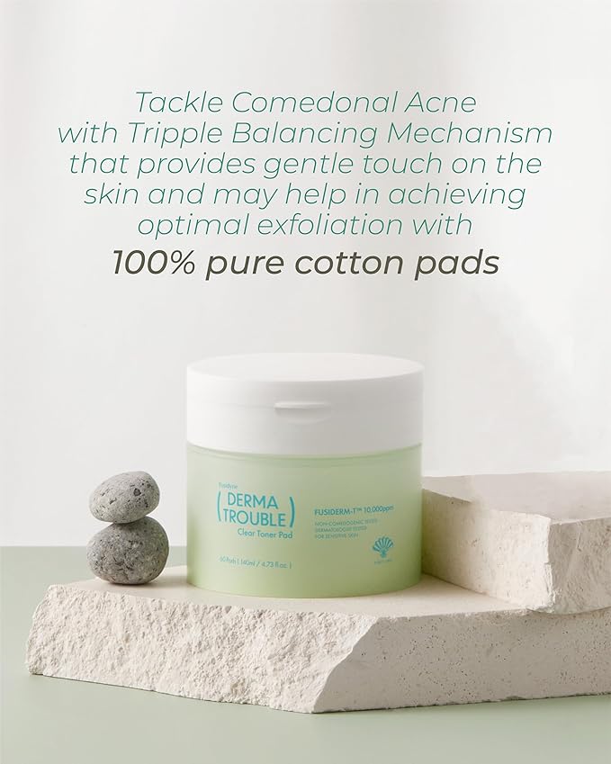 Derma Trouble Clear Toner Pad (60 Count) Gentle Exfoliation for Smooth, Clear Skin. Comedonal Acne. Korean Skin Care with Fusiderm-T 10,000ppm, LHA, PHA.