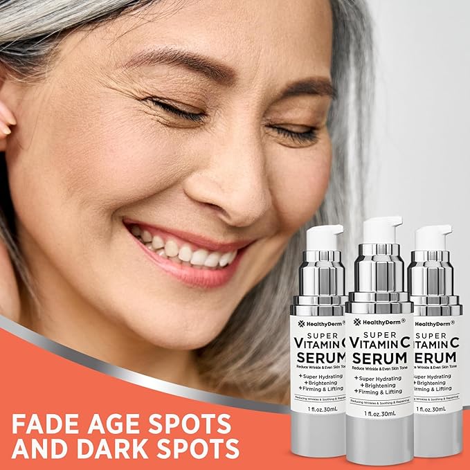 Super Vitamin C Serum for Women Over 70: Niacinamide, Vitamin C, Hyaluronic Acid, Peptides, Vitamin E, Caffeine, Bakuchiol, Hydrating, Lifting, Wrinkle & Age Spots Reduction Pack of 3