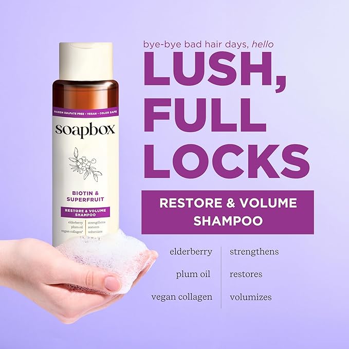 Soapbox Biotin Shampoo, Biotin & Collagen Super Fruit Shampoo for Thin, Fine, Thinning Hair | Volumizing & Repairing to Promote Hair Growth, Strength, Fullness, 1 Liter Pump Bottle