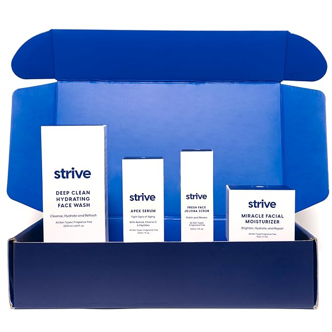 Strive Apex Skin Care Set - Advanced Anti Aging - Fragrance Free, All Skin Types, Fights Dark Circles Dull Skin - Peptides, Retinal, Vitamin C, Niacinamide (Face Wash, Scrub, Moisturizer, Serum)