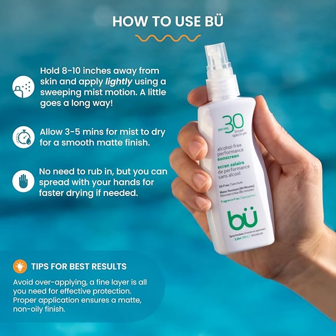 BU SPF 30 Sunscreen Spray for Face and Body, Fragrance Free, TSA Travel Size Sunscreen, Clear, Non Greasy, Water Resistant, for Sensitive Skin, 3.3 oz (3 Pack)