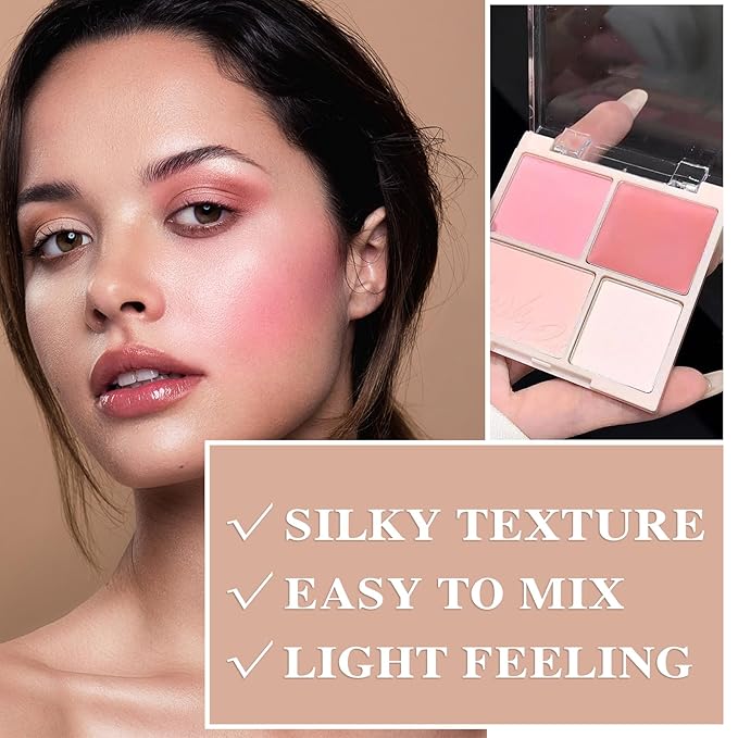 3Pcs 4 Colors Blush Palette,Matte Contour Makeup Blush for Cheeks,Waterproofing Highly Pigmented Face Cheek Blusher with Make Up Brush A1