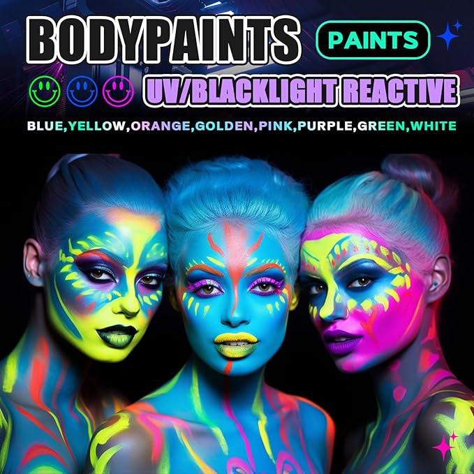 Go Ho Neon Blue Body Paint Washable(2.37oz,70ml),under UV Blacklight Neon Face Paint,Water Based Neon Fluorescent Blue Face Paint for Adults Children SFX Cosplay Costumes Festivals Halloween Makeup
