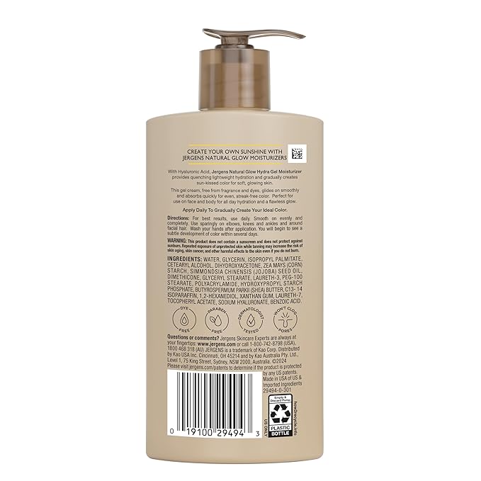Jergens Natural Glow Hydra Gel Moisturizer, Gradual Tanning Lotion with Hyaluronic Acid, Hydrating Tanning Gel, Fragrance-Free Self Tanner, Medium to Deep Skin Tones 8.3 Fl Oz