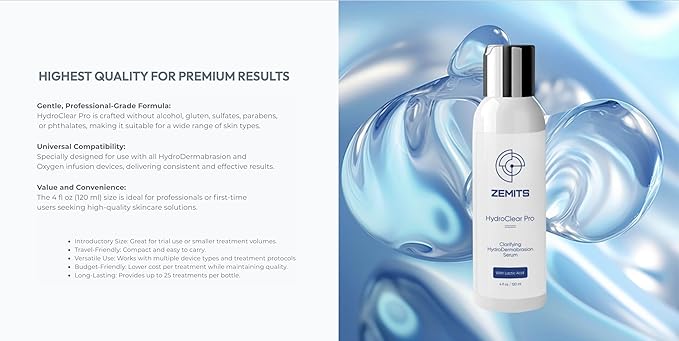 Zemits HydroClear Pro – Professional Hydrodermabrasion Solution for Spa Facial Machines – Gentle Purifying Formula for Smooth, Refreshed-Looking Skin (4 fl oz)