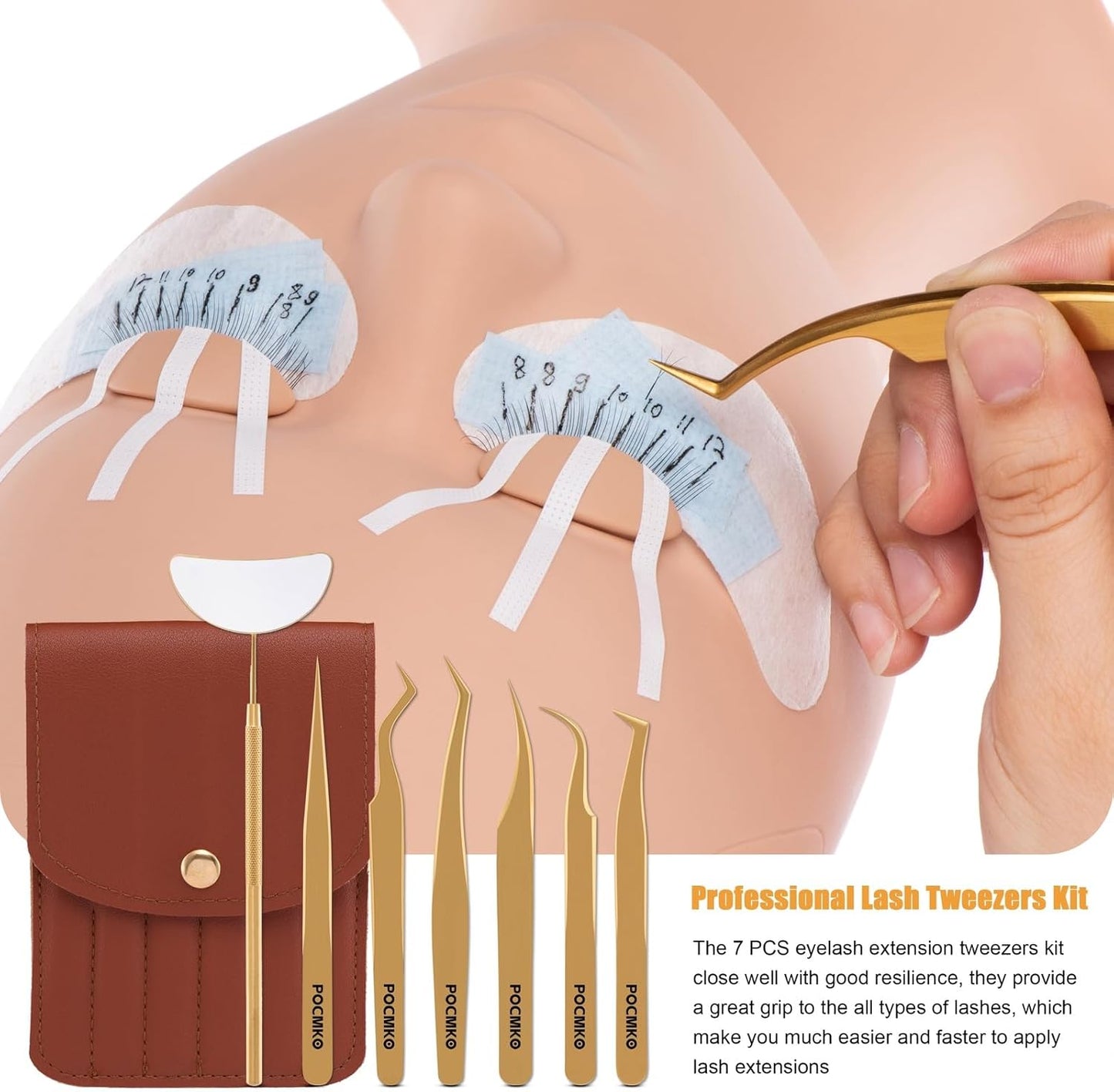 Lash Tweezers for Eyelash Extensions, Professional Eyelash Tweezer Set, Lash Extension Tweezer Kit (Set of 7, Gold)