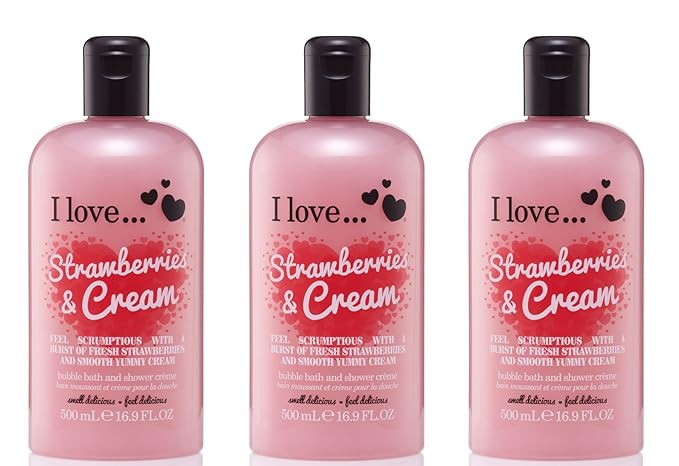 I LOVE Strawberries and Cream Bath and Shower Cream - Hydrating Body Wash and Bubble Bath - with Natural Fruit Extracts and Provitamin B5-16.9 oz