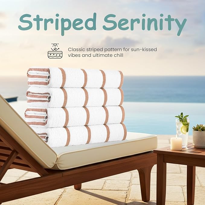 CASA COPENHAGEN Cabana Pool Bath Sheet, 70" x 35", Designed in Denmark Rough and Tough, Quick Dry, for Pool, Bath, Beach & Shower 2 Piece Cotton Pool Towels Set - White Beige Stripe