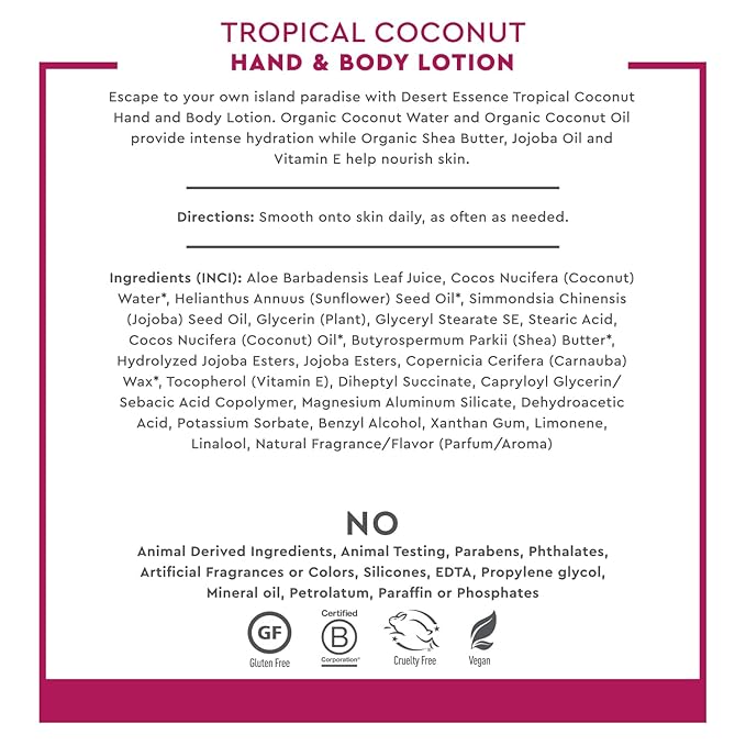 Desert Essence, Tropical Coconut Hand & Body Lotion 8 fl. oz. - Gluten Free - Vegan - Cruelty Free - Coconut Oil, Jojoba Oil & Vitamin E - Intense Hydration - Tropical Coconut Scent