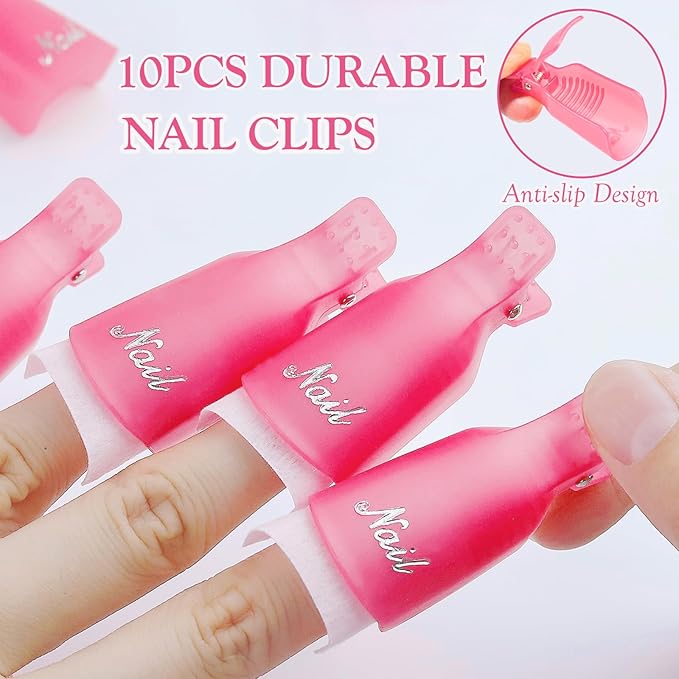 Gel Nail Polish Remover Tools Kit with 10PCS Nail Clips,100ML Nail Polish Remover Bottle,Nail File, Buffer Block,Cuticle Pusher/Peeler,Lint Free Wipes,Nail Brush,Nail Care Cuticle Pads