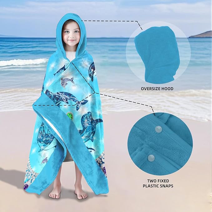 Dolphin Hooded Beach Towel for Girls, 35" x 60" Glittering Ocean Design Kids Poncho Bath Towel for Toddler, Light Blue Soft Absorbent with Hood for 3-10 Years Bathrobe for Swimming Pool Bath