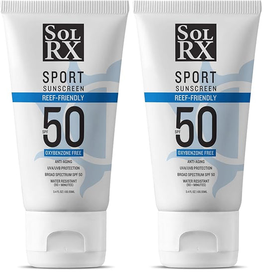 SolRX SPORT SPF 50 Sunscreen, Oxybenzone Free, Broad Spectrum UVA/UVB, Fragrance Free, Reef Friendly (Pack of 2)
