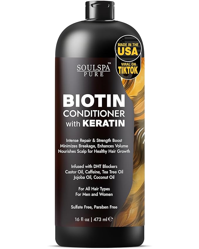 Biotin Conditioner with Keratin - Intense Repair & Strength Boost Formula - Nourishes Scalp for Healthy Hair Growth, with Tea Tree Oil & DHT Blockers, for Men & Women, 16 fl oz - SOULSPA PURE