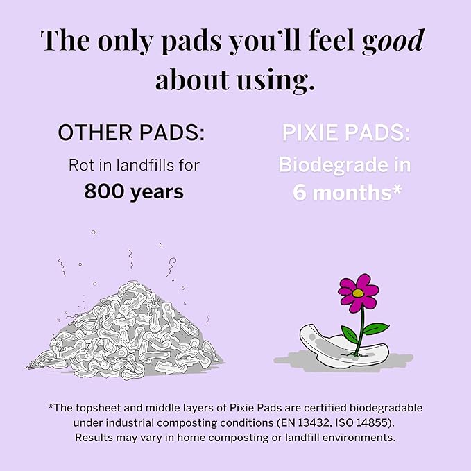 Pixie Organic Cotton Pads for Women - Ultra Thin with Wings, Leak-Proof & Moisture-Wicking for Feminine Care - Compostable, Unscented Menstrual Pads - Regular Absorbency - FSA Eligible - 48 Count