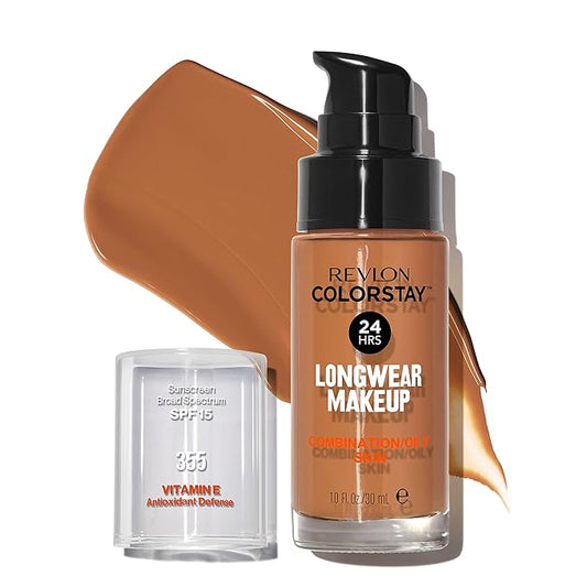 Revlon Liquid Foundation, ColorStay Face Makeup for Combination & Oily Skin, SPF 15, Medium-Full Coverage with Matte Finish, Almond (355), 1.0 oz