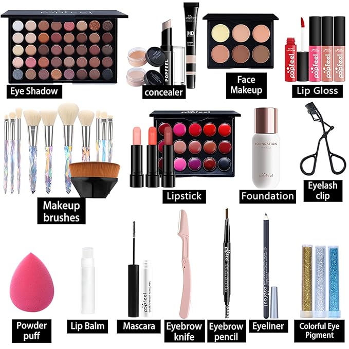 All-in-one Holiday Make up Gift Set | Makeup Kit for Women Full Kit Essential Starter Bundle Include Eyeshadow Palette Lipstick Blush Foundation Concealer Face Powder Mascara Lipgloss Brush