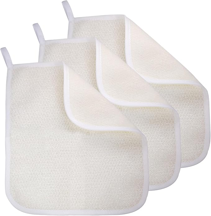 Exfoliating Washcloth (3 Pack), Shower Cloth for Body and Face Exfoliator Scrubber, Two Sides Exfoliate Shower Rag Wash Cloths Nylon Cotton Loofah Sponge Scrub Towel estropajos para el cuerpo
