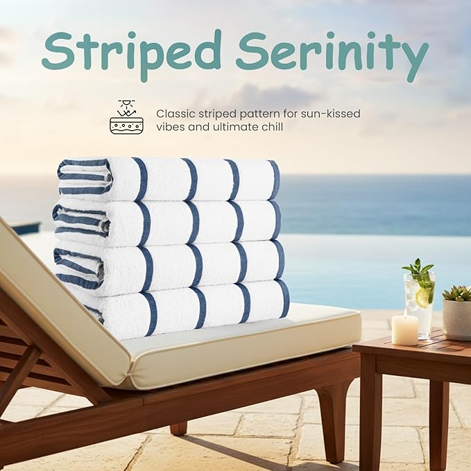 CASA COPENHAGEN Cabana Beach Towel Designed in Denmark Rough and Tough, Quick Dry, Pool, Bath & Shower 30x60 inches 4 Pieces Cotton Beach Bath Towels Set - White Navy Stripe