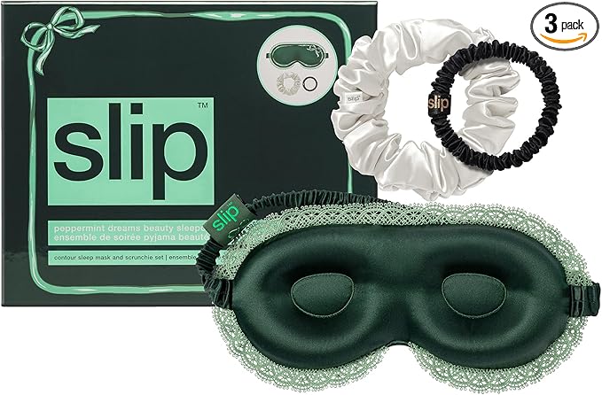 slip Peppermint Dreams Beauty Sleepover Set – Evergreen Contour Sleep Mask with Lace Trim, White Large Silk Scrunchie & Black Skinny Scrunchie – Limited Edition Gift Set