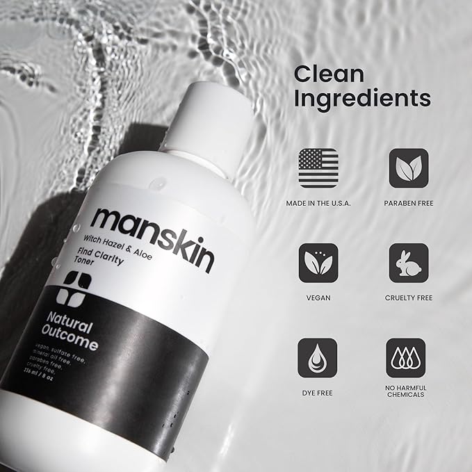 Man Skin Face Toner | Natural Daily Toner Enhances Men Facial Complexion | Pore Cleansing Facial Astringent with Witch Hazel & Aloe Vera for All Skin Types | 8 Oz