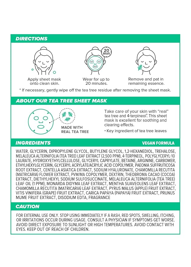 I DEW CARE Tea Tree Sheet Face Mask - Korean Skincare for Clearing and Calming Skin | Face Masks with 3-Clay Complex & Centella Asiatica, Hydrating Facial masks skincare, Sheet Mask for Women, 4EA