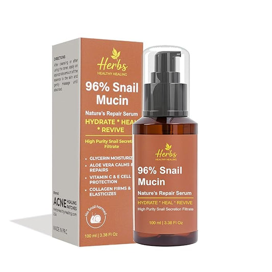Herbs Healthy Healing Snail Mucin 96% Essence – Korean Hydrating Face Serum (3.38 fl oz) – Nourishing Skincare for Fine Lines, Uneven Tone & Dehydrated Skin – Lightweight, Fast-Absorbing Formula
