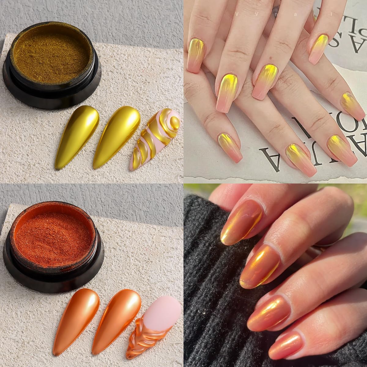 Chrome Nail Powder Set - Red, Green, Gold, Mirror Effect Glitter Powder - 6 Colors, Metallic Chrome Powder With 2PCS Silicone Applicator Brushes - Christmas Nail Design