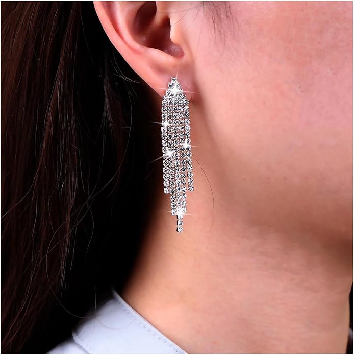 Vintage Rhinestone Chandelier Tassel Earrings Crystal Chain Drop Earrings Gold Long Tennis Chain Earrings Shine Chandelier Bridal Earrings Jewelry for Women