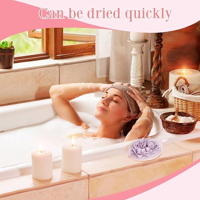 Boao Bath Shower Pouf Sponge Mesh Pouf Shower Ball Exfoliating Body Sponge Pad Scrubber Glove with Flower Bath Ball(3 Pcs,Beige,Dark Pink Purple)