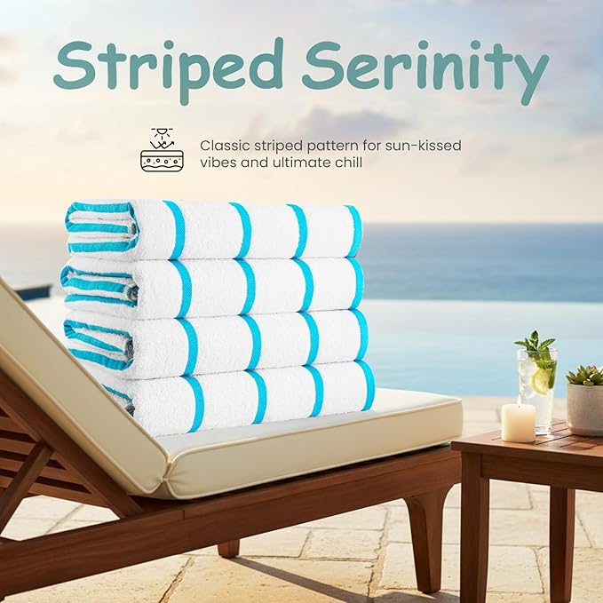 CASA COPENHAGEN Cabana Pool Bath Sheet, 70" x 35", Designed in Denmark Rough and Tough, Quick Dry, for Pool, Bath, Beach & Shower 2 Piece Cotton Pool Towels Set - White Teal Stripe