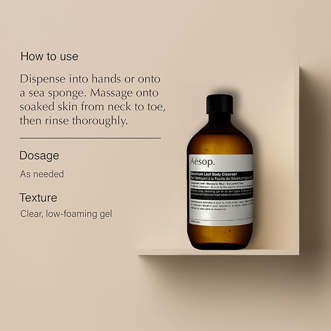 Aesop Geranium Leaf Body Cleanser - Invigorating Gentle Cleansing Gel - Green, Citrus, Fresh - 16.9 fl oz