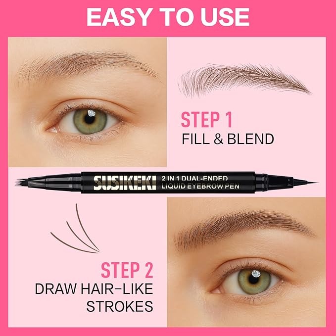 Dual Ended Microblading Eyebrow Pen - 2 in 1 Liquid Eyebrow Pencil with Brow-Fection Angled Brush & Precise Detail Brush-Tip, Shapes & Fills Hair-Like Brows, Lasts All-Day, Black Brown