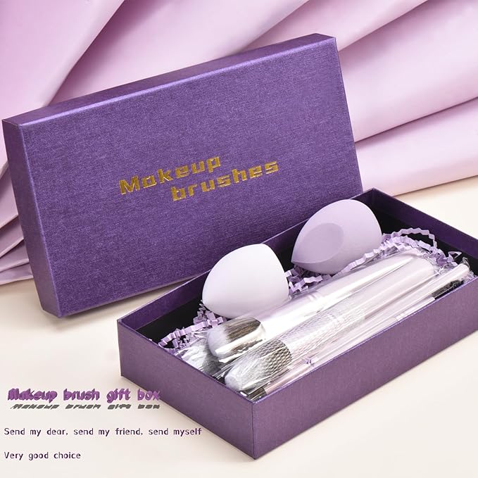 Gift Ready 10 Piece Purple Makeup Brushes Set and 2 Piece Makeup Sponge – Wooden Handle with Soft Synthetic Bristles, Concealer, Powder – (Ideal for Christmas, Birthday, Women)